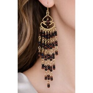 Vintage Gold Tone Beaded Chandelier Earrings Brown Black Dangle